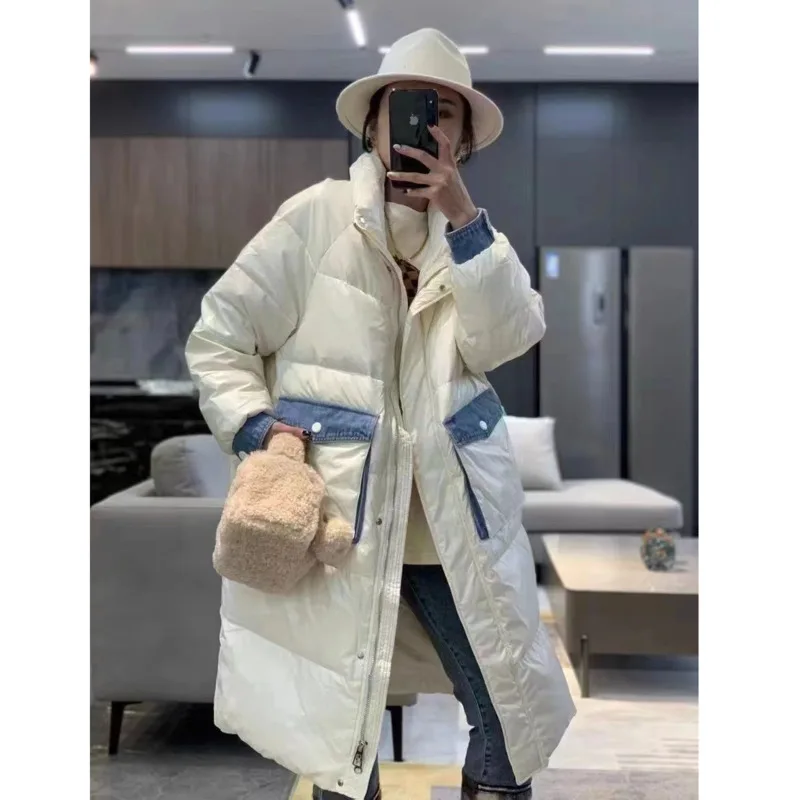 

White Duck Down Jacket Women 2023 Winter New Korean Stand Collar Splicing Denim Fashionable Westernized Thickened Warm Down Coat