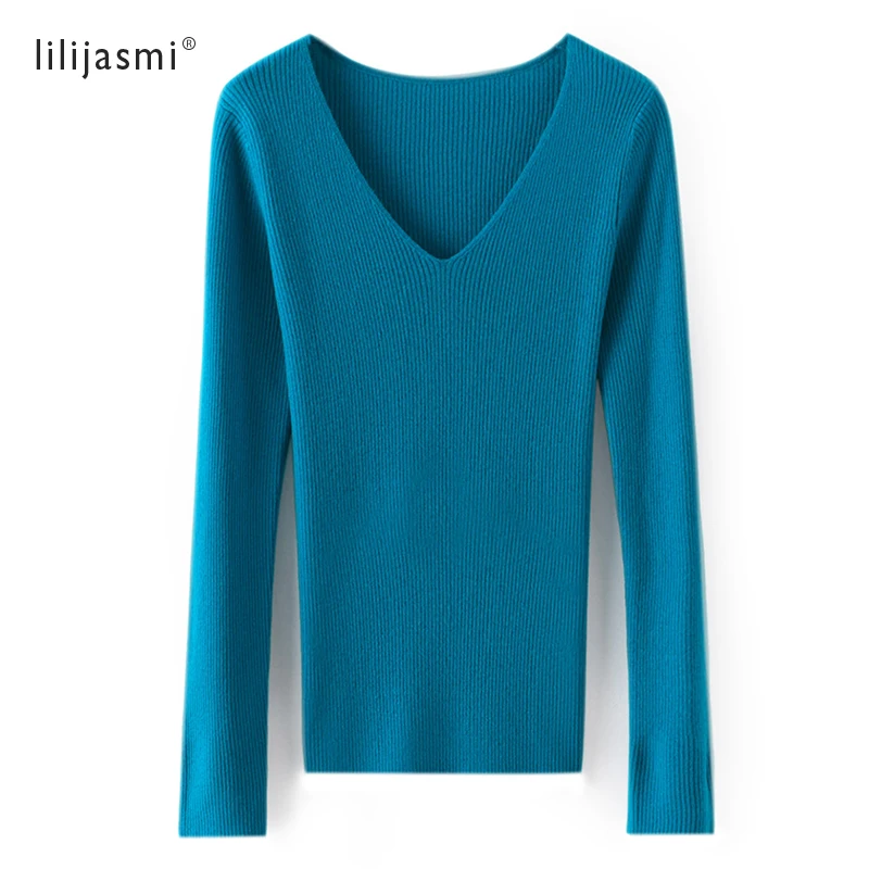 

Spring New Women Deep V-neck 100% Merino Wool Ribbed Pullover 48Nm Worsted Superfine Yarn Soft Thin Basic Sweater Slim Jumpers