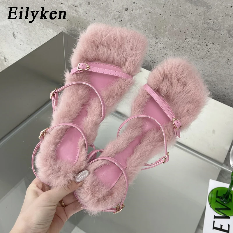 

Eilyken 2024 New Brand Plush Fur Fuzzy Sandals Women Thin Heels Fashion Square Toe Ankle Lace Up Buckle Strap Slides Shoes