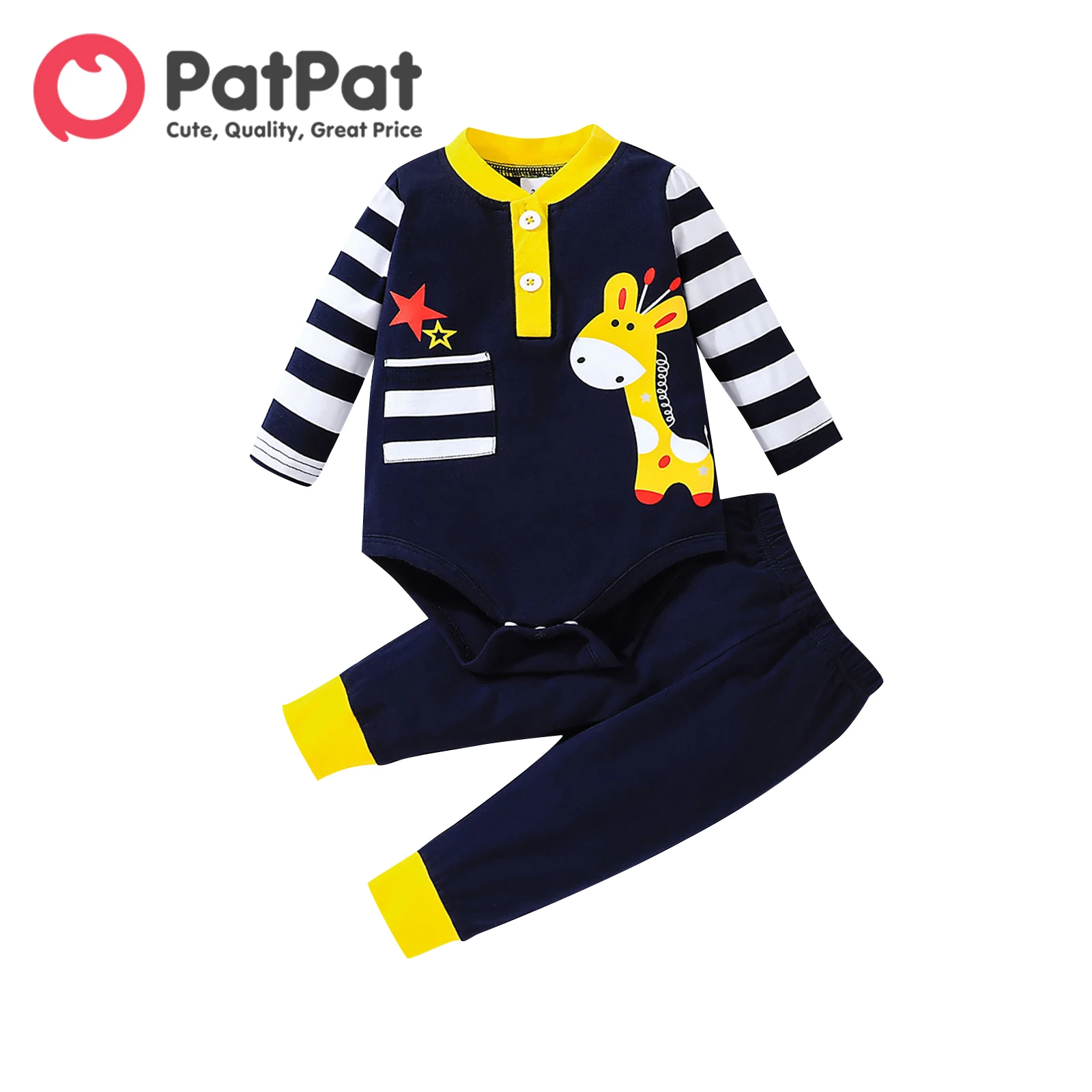 

PatPat 2pcs Baby Boy/Girl 95% Cotton Long-sleeve Giraffe Print Romper and Striped Pants Set