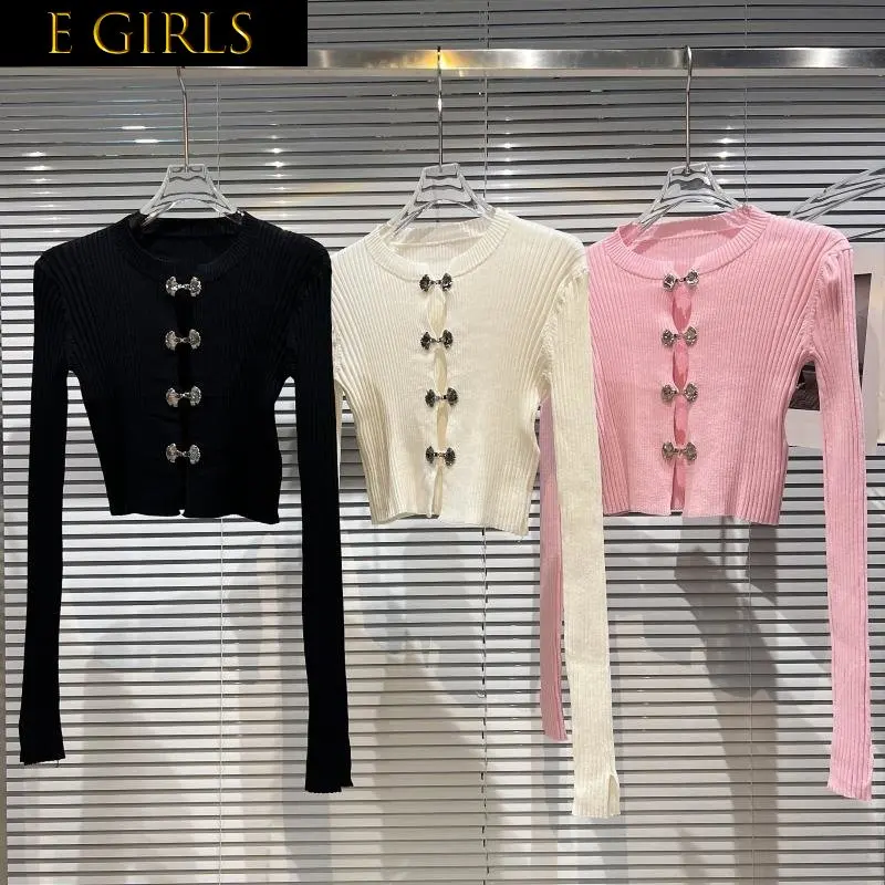 

Осень 2022 Новое поступление, Женский вязаный кардиган J GIRLS GG254 с длинным рукавом, круглым вырезом, бантом и металлическими пряжками