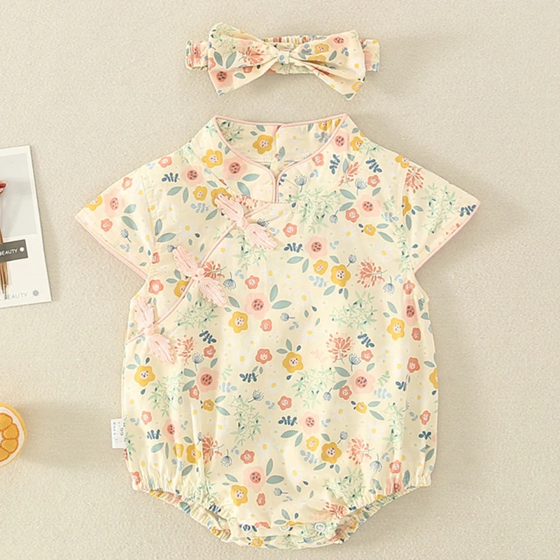 

Newborn Baby Girl Bodysuits Summer Baby Girls Clothes Infant Baby Girls Jumpsuit+Hair band Short Sleeve Cotton Flower Printing