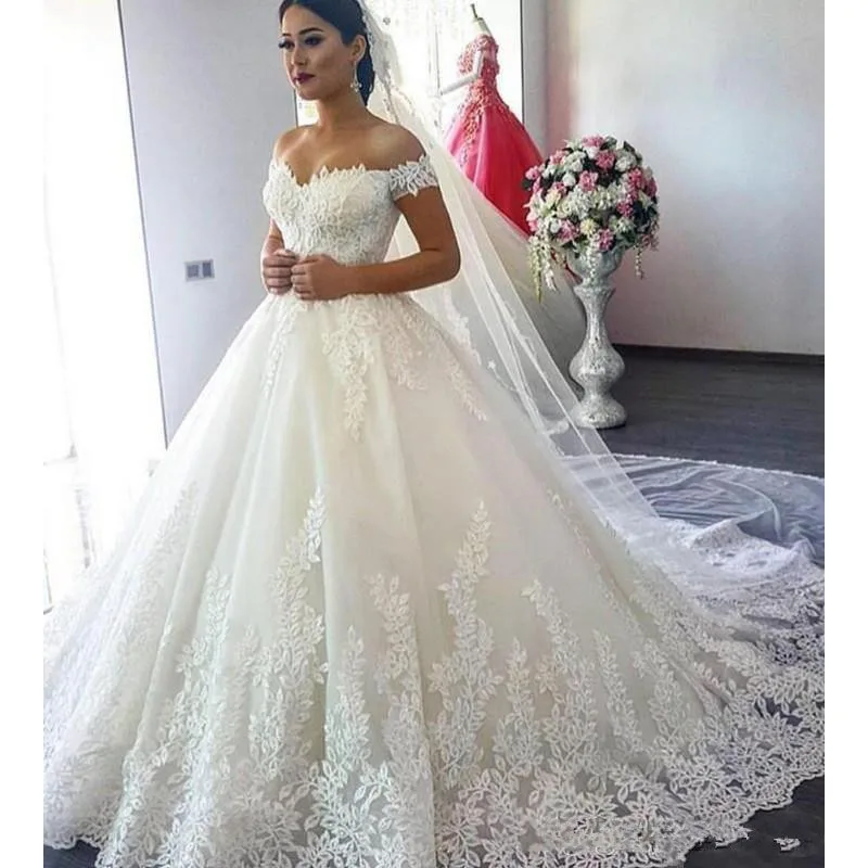 

Romantic Wedding Dress Off Shoulder Sweetheart Beading Bridal Ball Gown Lace Applique With Train Robe De Mariée