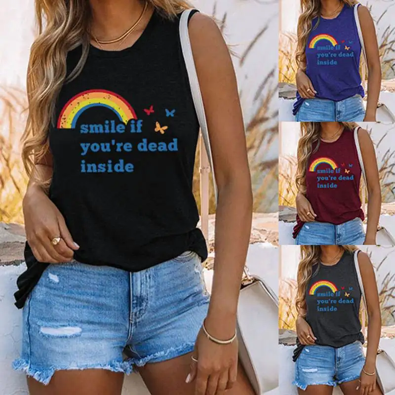 New Summer Fashion Women SmileIfYou'reDead Letters Rainbow Print Retro Casual Round Neck Sleeveless Tank Top T-Shirt
