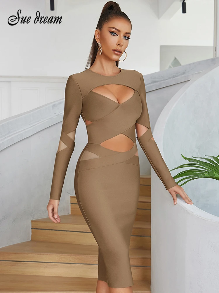 

Коричневое Бандажное платье, элегантное, знаменитое, женское, сексуальное, с О-образным вырезом, с длинным рукавом, крест, миди, Рождественская вечеринка, бесплатная доставка
