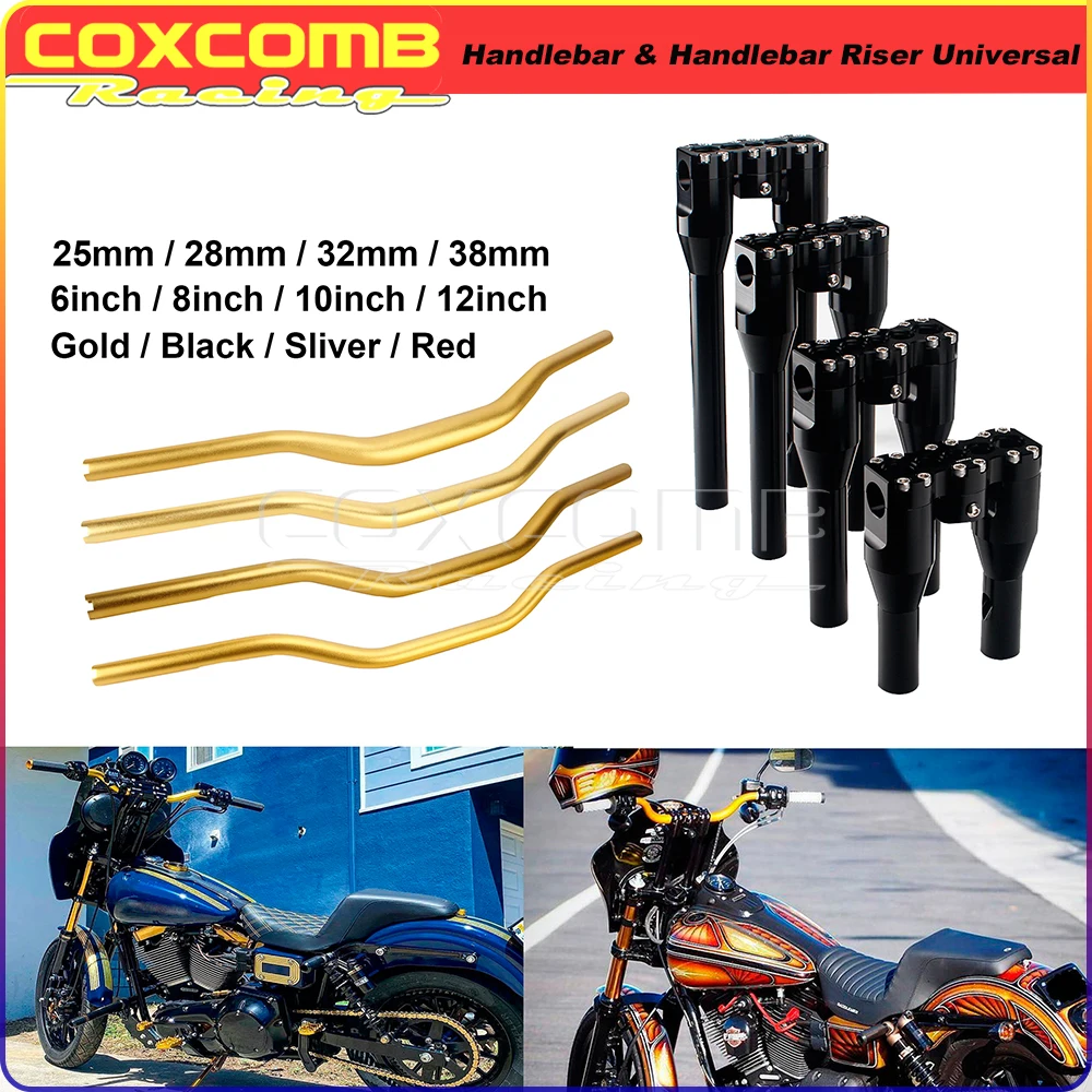 

8" 10" 12in Handlebar Riser Club Style 25mm 28mm 32mm 38mm T-Bar Handle Bar Risers Kit For Harley Dyna Street Bob Low Rider 1"