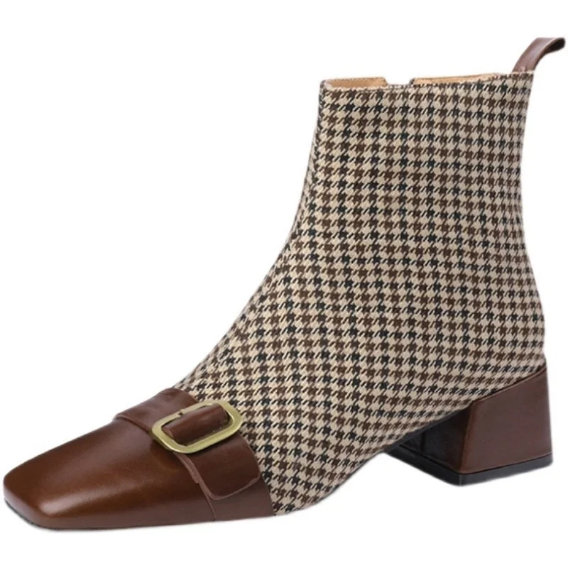 

NEW Retro square head Martin boots autumn and winter new small fragrant wind thousand birds grid color buckle single boot