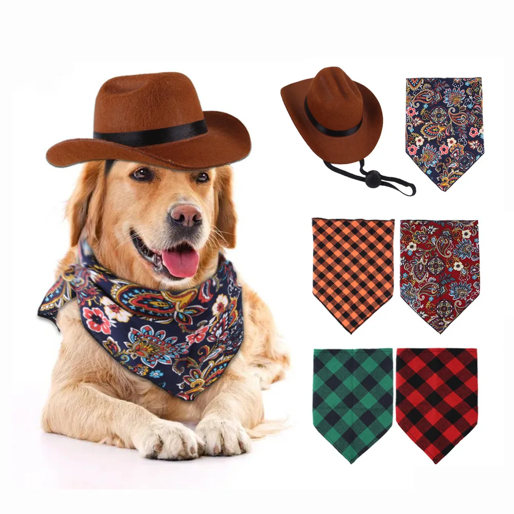 Doggy Cowboy Hat Pet Dog Cat Bandana Clothes Set Vintage Towelettes Western Pet Retro Triangle Scarf Universal Accessories