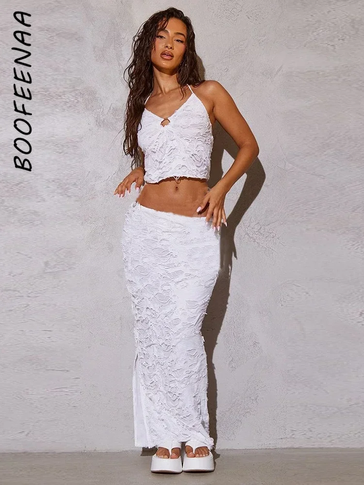 

BOOFEENAA Distressed Halter Long Dresses White Crop Top and Skirt 2 Piece Set Sexy Beach Vacation Outfits for Women C82-CD30
