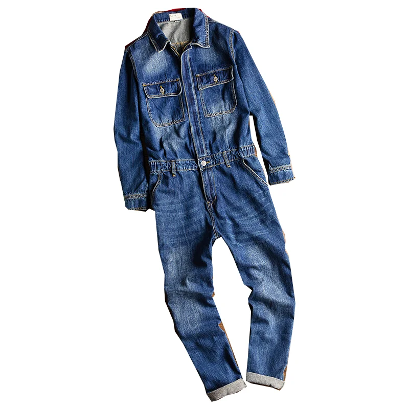 Men's Long Sleeve Denim Workwear Lapel Bib Workwear Blue Hip Hop Cargo Pants Street Fashion Casual Pants