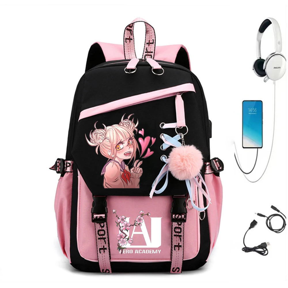 

Himiko Toga Anime Girls School Bags Backpack Schoolbag Girl School Bag USB Port Schoolbag My Hero Academia Teen School Backpack