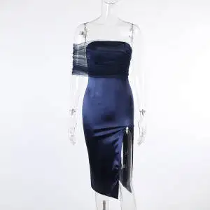 

Slim waist and thin one-shoulder mesh stitching temperament dress women's annual meeting high slit mid-length dress skirt