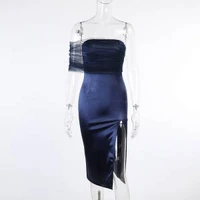 slim waist and thin one shoulder mesh stitching temperament dress womens annual meeting high slit mid length dress skirt