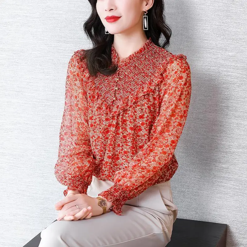 

2022 Spring Summer Women Chiffon Blouse Vintage Print Loose V-Neck Female Long Sleeve Oversized 4XL Shirt Women Tops and Blouses