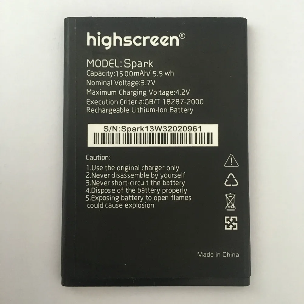 100% Высококачественная искровая батарея 1500 мАч для Highscreen Spark мобильный телефон +