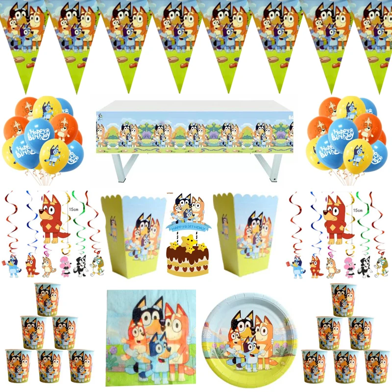 

Hot Cartoon Blue Cute Dog Popcorn boxes Swirls Party Napkins Caps Flags Plates Cups Decoration Latex Balloons Tablecloth 88PCS