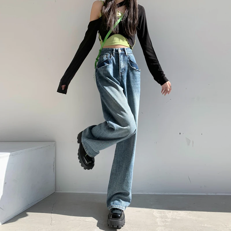 High Waisted Jeans For Women Blue Straight Wide Leg Denim Pants Trousers Mom Jeans Baggy Cowboy Trousers New Fashion Spring