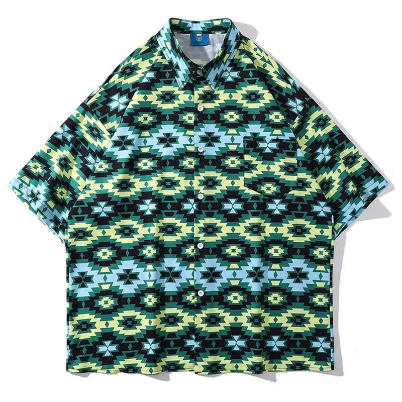 

Рубашка мужская оверсайз с коротким рукавом и отложным воротником, в стиле ретро