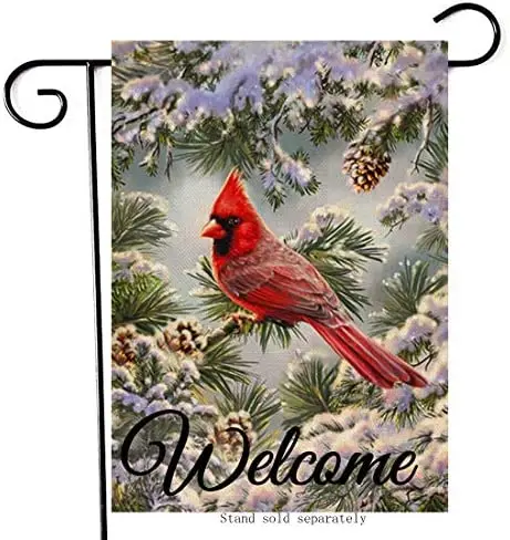 

Welcome Winter Decorative Cardinal Small Garden Flag House Yard Outside Red Bird Decor Snowy Pine Tree Branches