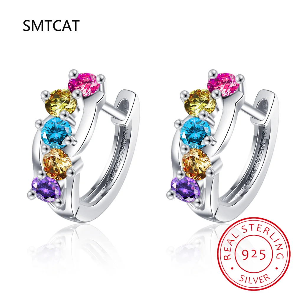 

925 Sterling Silver Rainbow Ear Buckles Colorful Zircon Hoop Earrings for Women Party Fine Jewelry Gift SCE1627