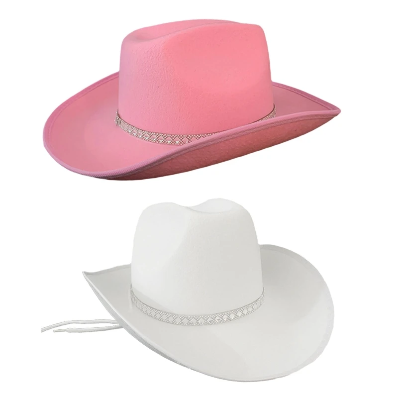 

Vintage Fedora Hat Women Men Felt Ladies Cowboy Hats Party Rhinestone Decor Western Style Top Bonnet Wide Curve Brim Cosplay Hat