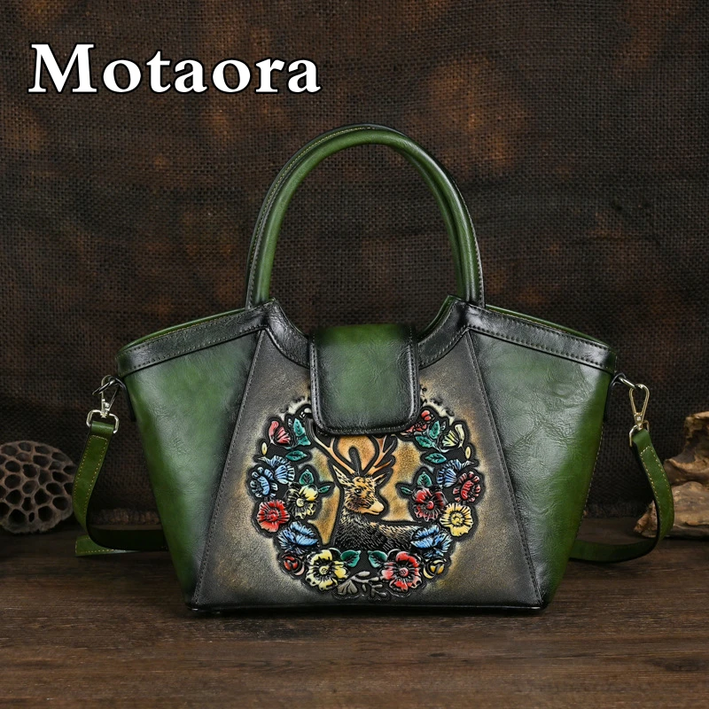 MOTAORA Big Retro Women Shoulder Bags For Woman Leather Handbag Handmade Luxury New Embossed Ladies Handbags Female Bag Green