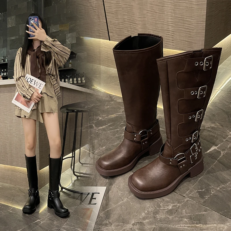 

2023 New Fall/Winter Knight Boots Punk Style Tall Retro Leather Western Cowboy Boots Brown Knee-high Boots Platform Shoes