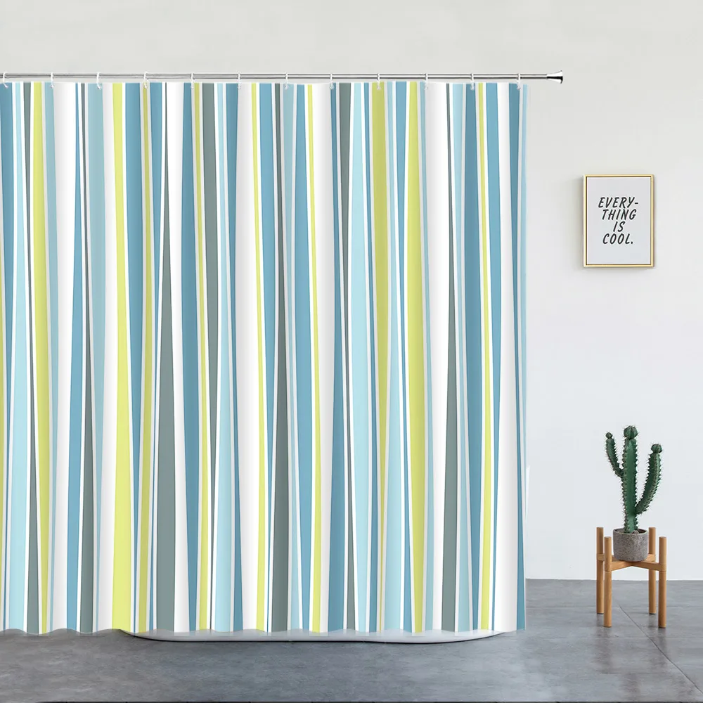 Blue Teal Aqua Vertical Stripes Geometric Abstract Vintage Print Cloth Bathroom Decor Curtains With Hooks