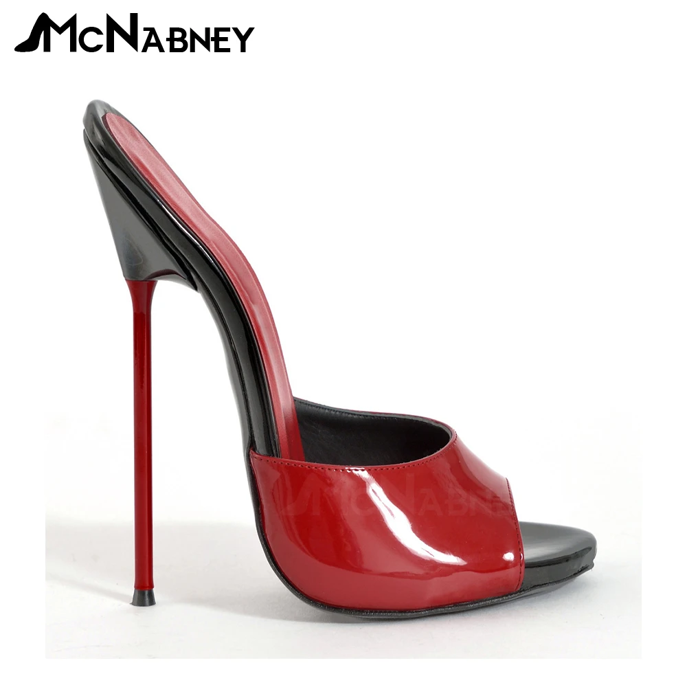 Туфли женские на шпильке пикантные сандалии с открытым носком лакированная кожа