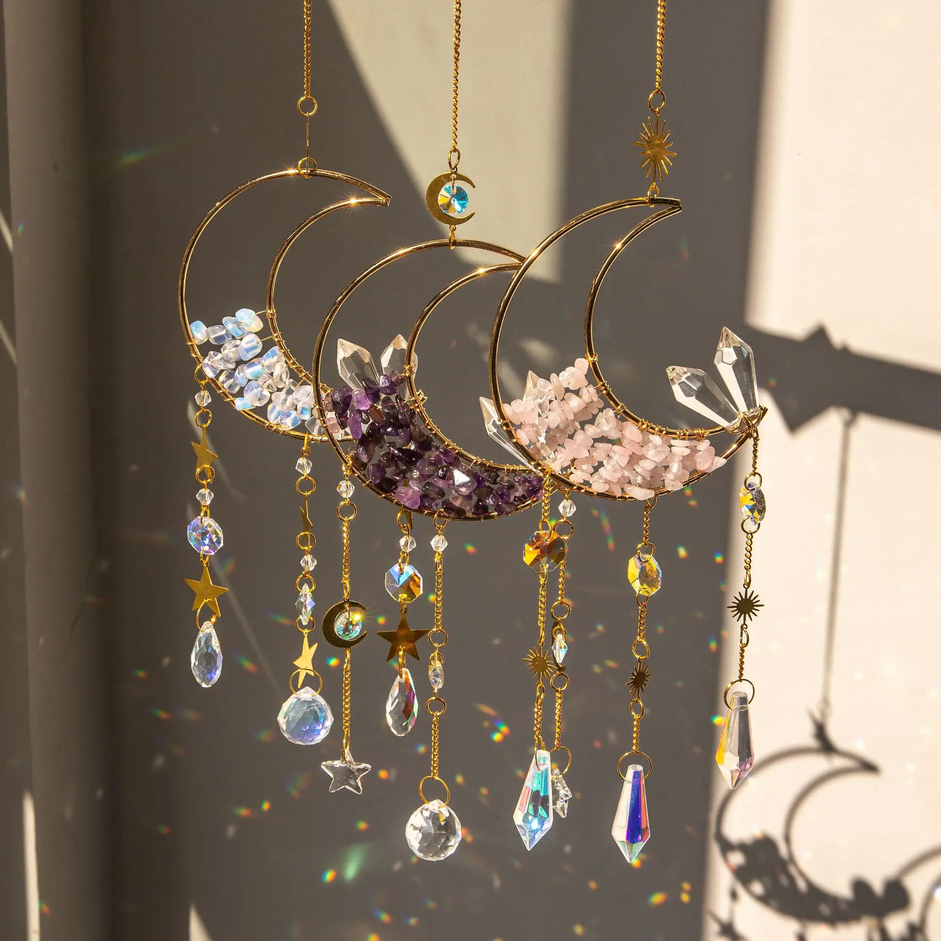

Crystal Moon Charm Decoration Hanging 12 Inch Fantasy Rainbow Crystal Stones Christmas Decoration Indoor Window Decoration Gifts