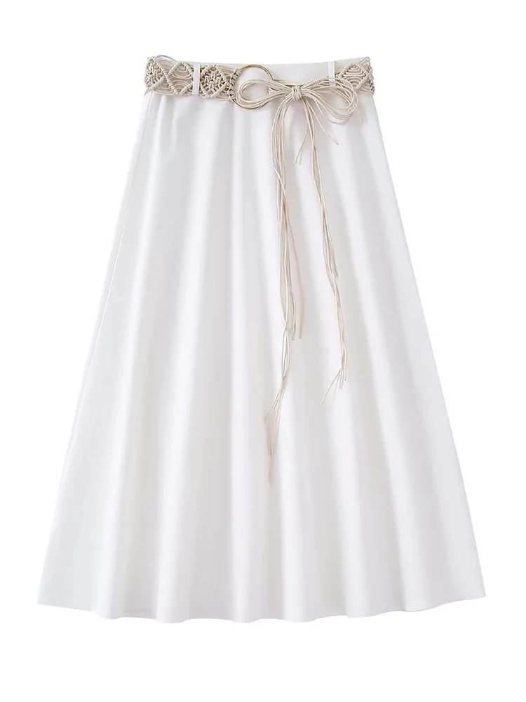 

xikom Women High Waist A-Line Skirt 2022 Summer Fashion New Elegant White Belt Chic Design Skirt