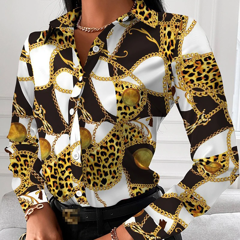 Blusa informal de manga larga con cuello vuelto para mujer, camisa elegante con estampado de leopardo y cadena para oficina, otoño