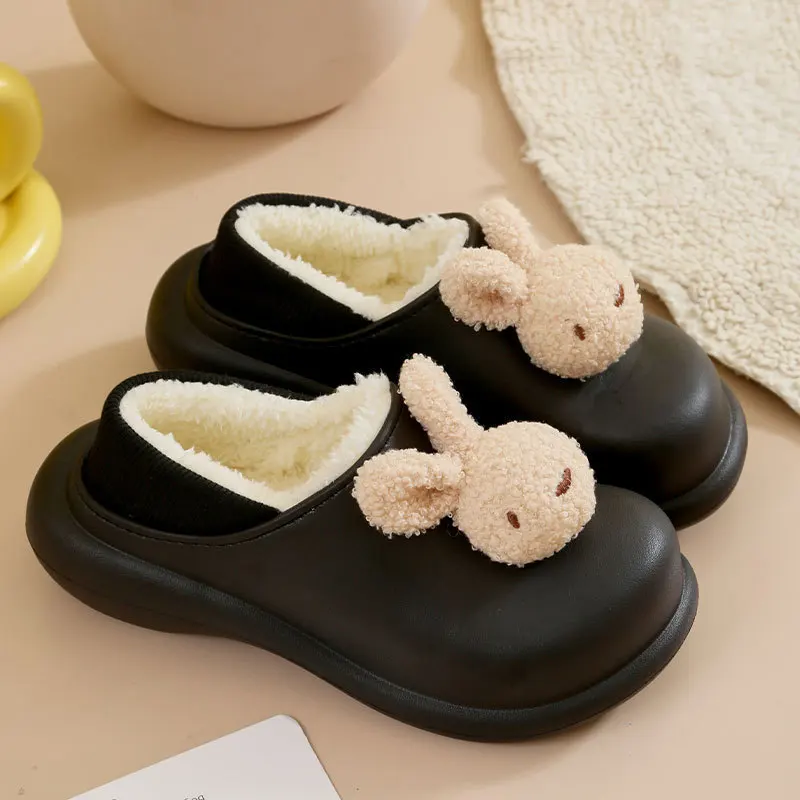 Winter Waterproof Women Slippers Cartoon Warm Non-Slip Thick Heel Home Cotton Plush Shoes Indoor Outdoor Slides Cute Shoes mules