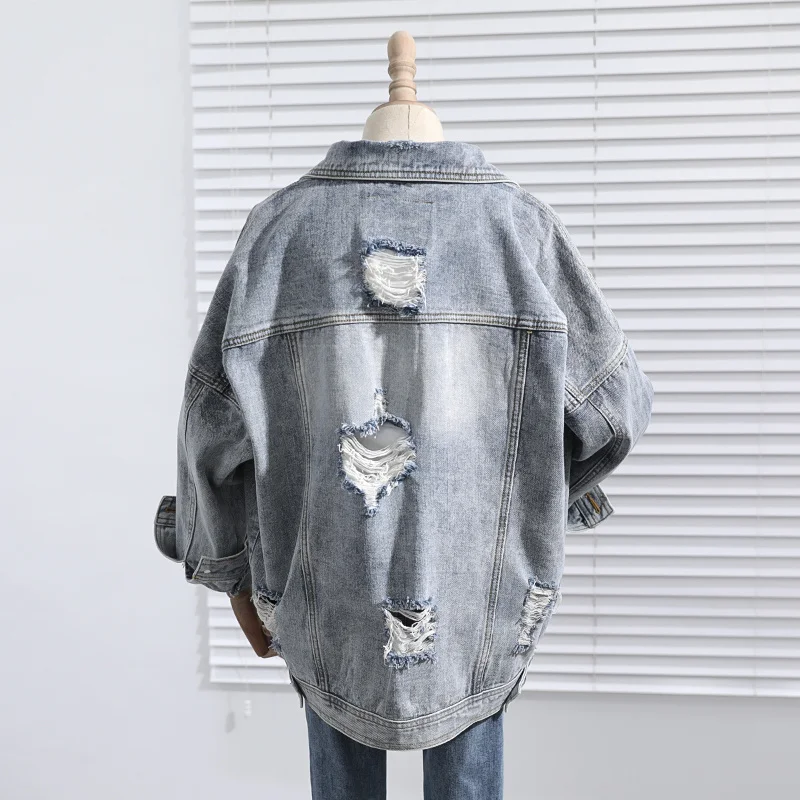 

Vintage Mid-length Blue Hole Denim Women Loose Spring Autumn 2022 Korean Casual Harajuku Long Sleeve Jean Jacket