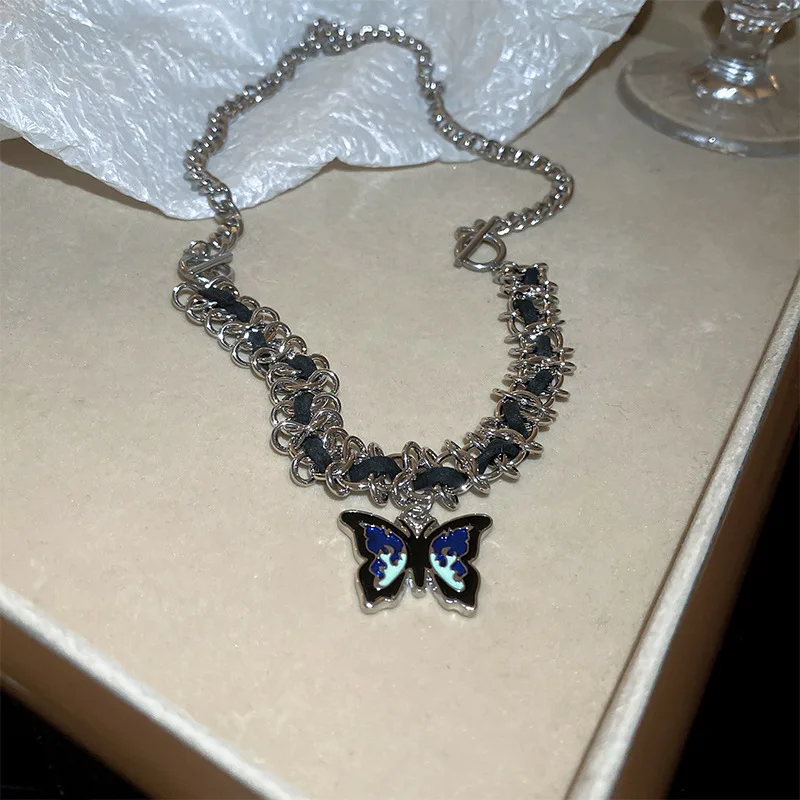 

Minar Punk Multicolor Enamel Butterfly Wings Pendant Necklace for Women Chunky Cuban Chain Chokers Necklaces Casual Pendientes
