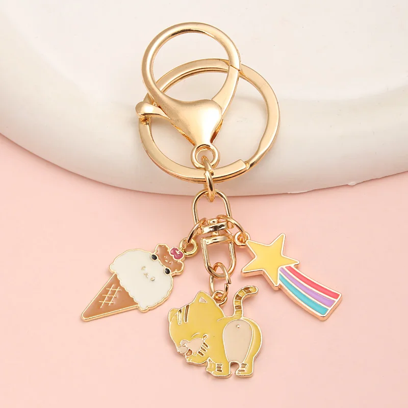 

Милый эмалированный брелок для ключей с изображением мороженого, звезды, кошки, брелок с изображением животных, сувенирные подарки для женщ...