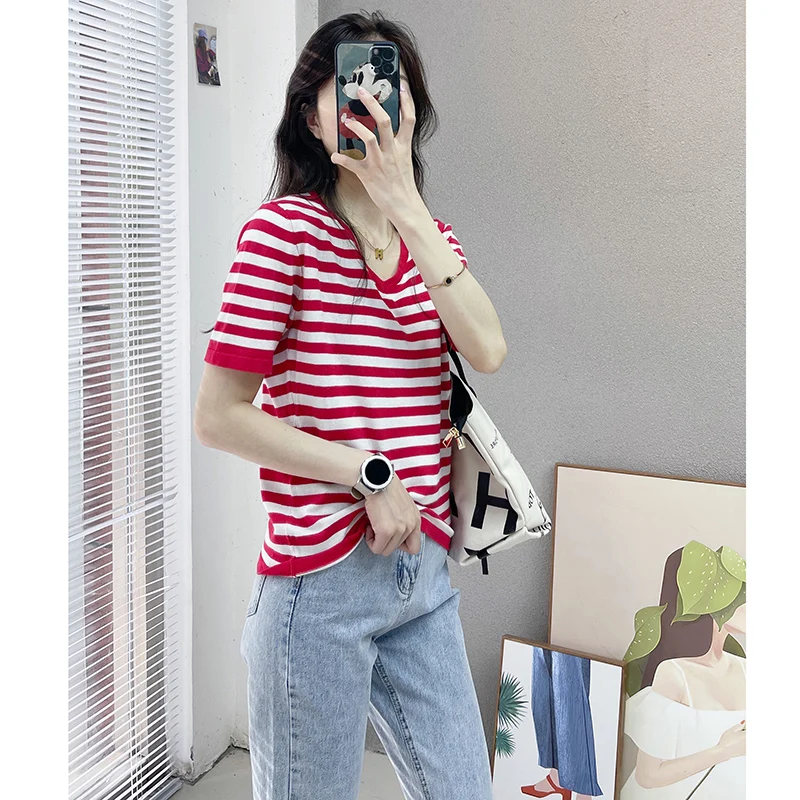 

Striped Cotton Knitted Short Sleeve T-Shirt 2023 Summer New Female V-Neck Half Sleeve Loose Fashion Commuter Ice Silk Top