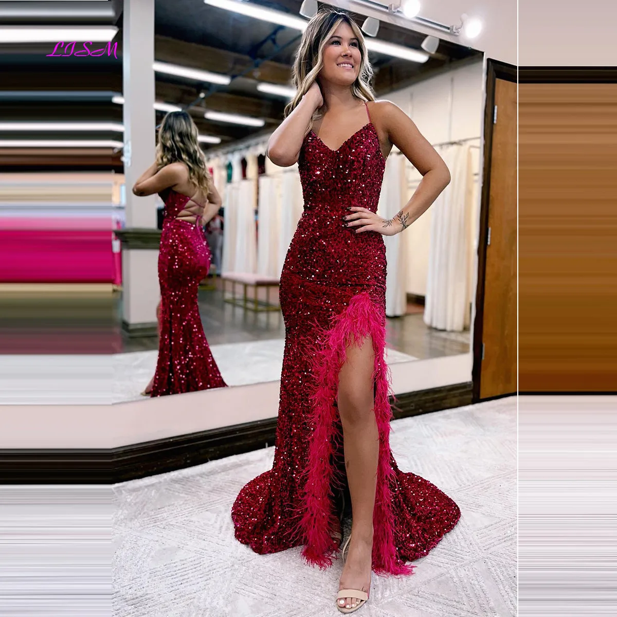 

Spaghetti Straps V-Neck Feather Sequin Sparkly Prom Dress with Slit Sexy Backless Mermaid Evening Dresses 2023 Vestidos De Festa