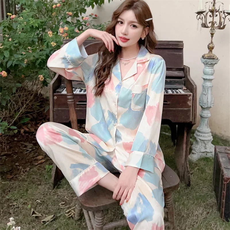 2023 Spring and Autumn New Pajamas Women's Artificial Silk Fashion Printed Long-Sleeved Trousers Cardigan Homewear Suit