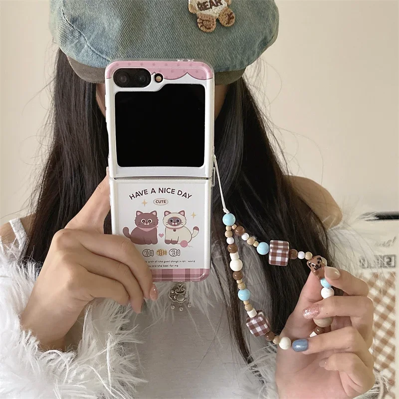 Для Samsung Galaxy Z Flip 6 5 4 3 браслет с мультяшным котом противоударный чехол прямым