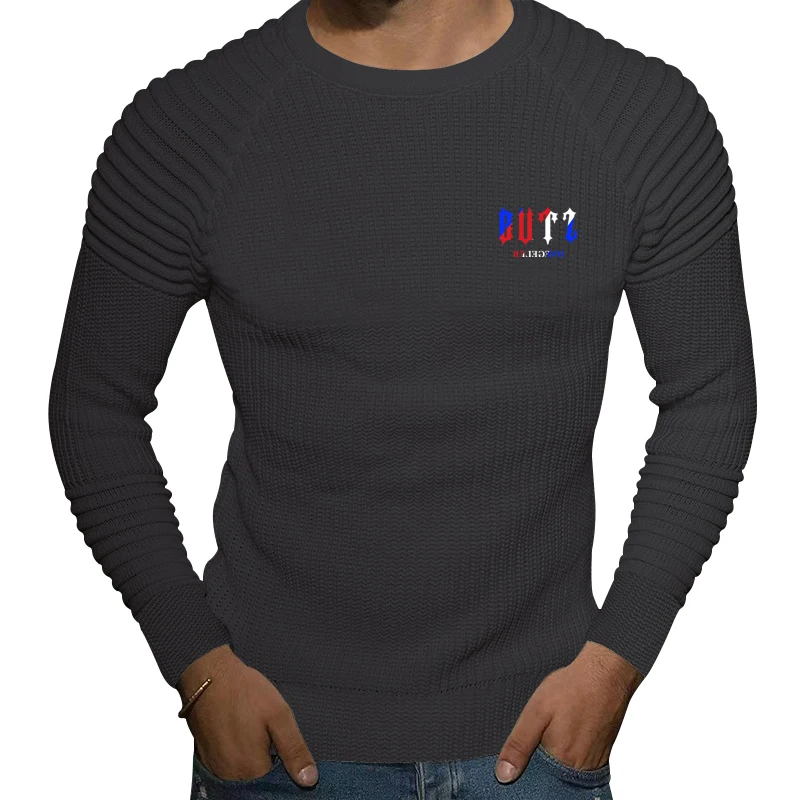 

Autumn and winter men's new round neck slim-fit sweater men's high-quality solid color stitching shoulder folds bottoming shirt