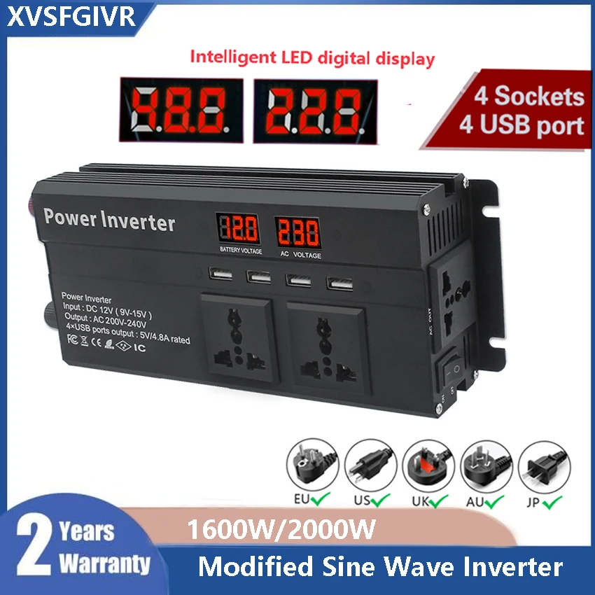 

Modified Sine Wave 2000W LCD Auto Inverter 11V 12V to 110V 220V Portable Power European Standard Car Inverters LED converters