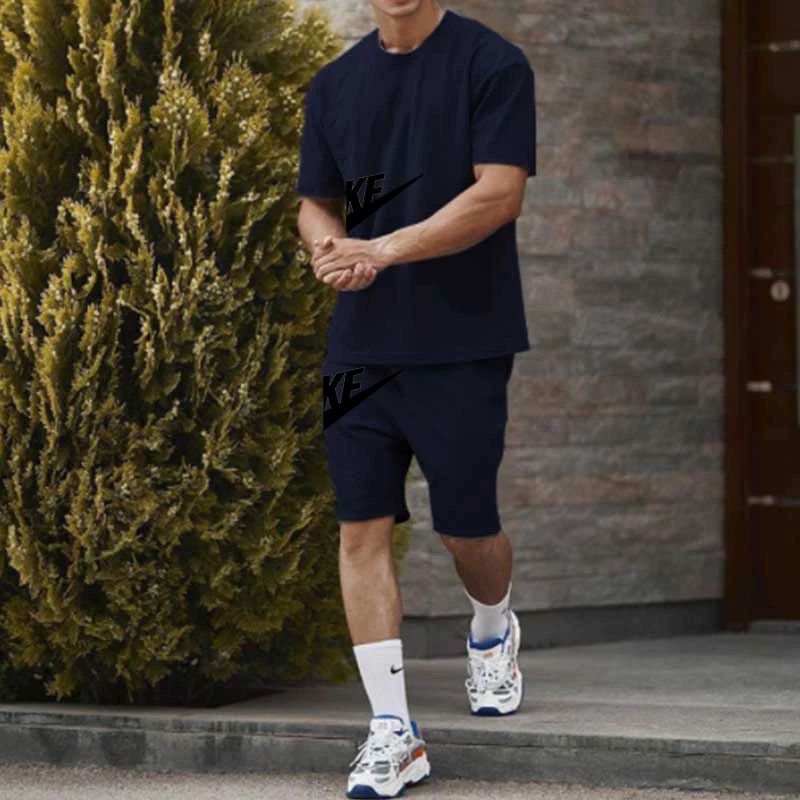 

Мужская Новая летняя Однотонная футболка с коротким рукавом + шорты комплект из 2 предметов для уличного спорта, бега, отдыха, свободный и удобный комплект