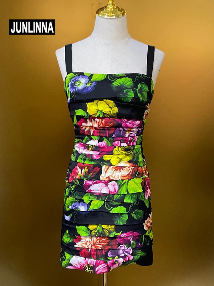 

Женское шелковое платье с цветочным принтом JUNLINNA, весенне-летнее Привлекательное платье с вырезом лодочкой и рюшами, модное женское платье в стиле ретро