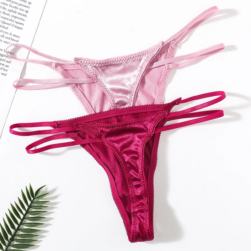 

2PCS Satin Panties G-string Panties Sexy Women's Underwear Female Underpants Solid Color Pantys Lingerie Low Rise Thongs