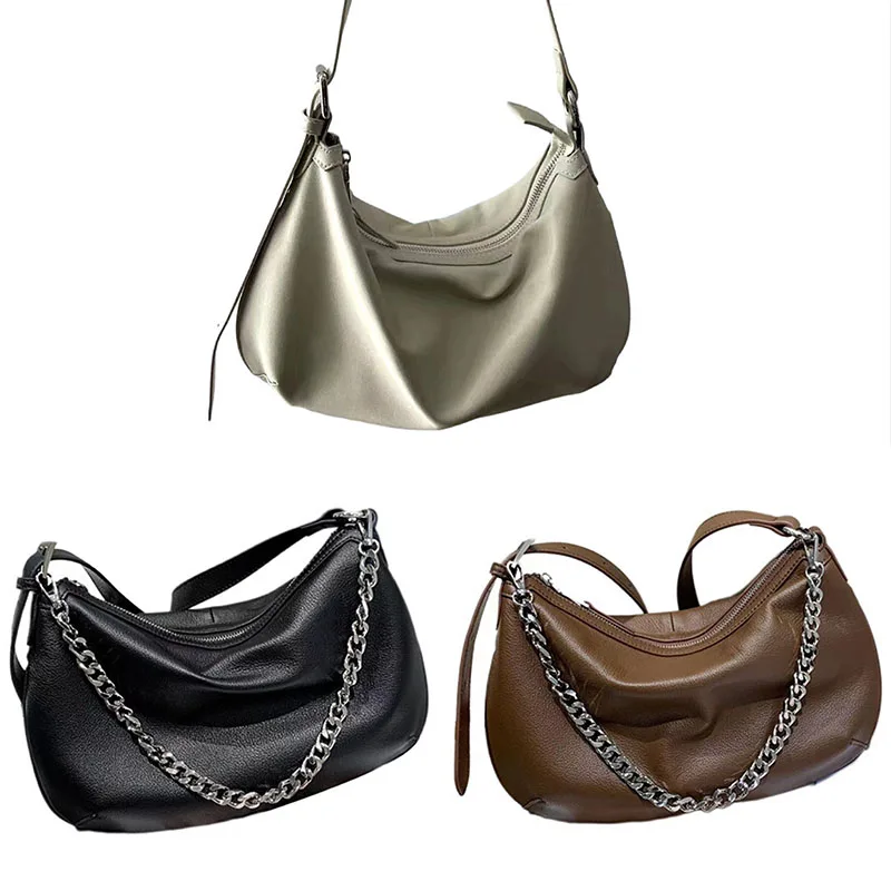 Silver Chain Underarm Bags For Women 100% Genuine Leather One Shoulder Bags Cowhide Crossbody Bags Soft Messenger Bags