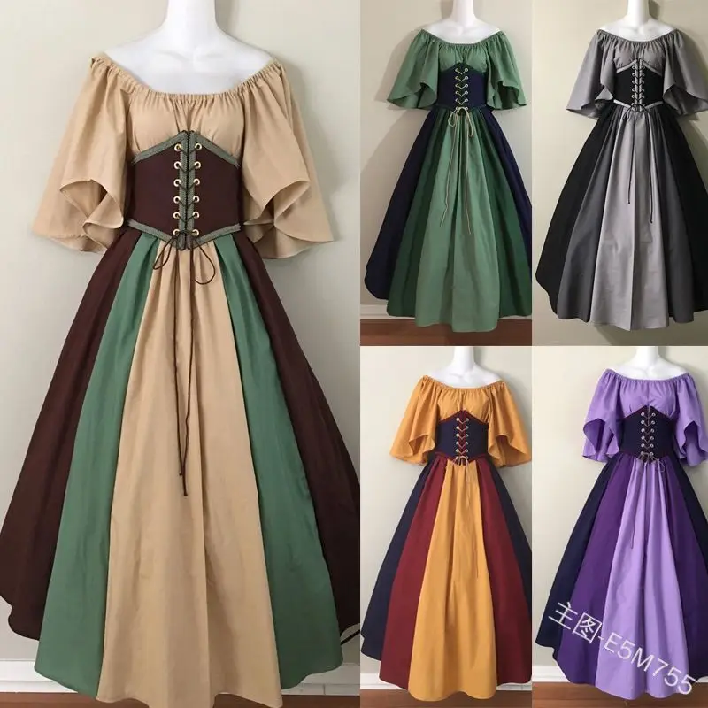 

AECU Europe And The United States Medieval Retro Contrast Stitching Feifei Sleeve Lace Waist Big Skirt Shoulder Dress Women