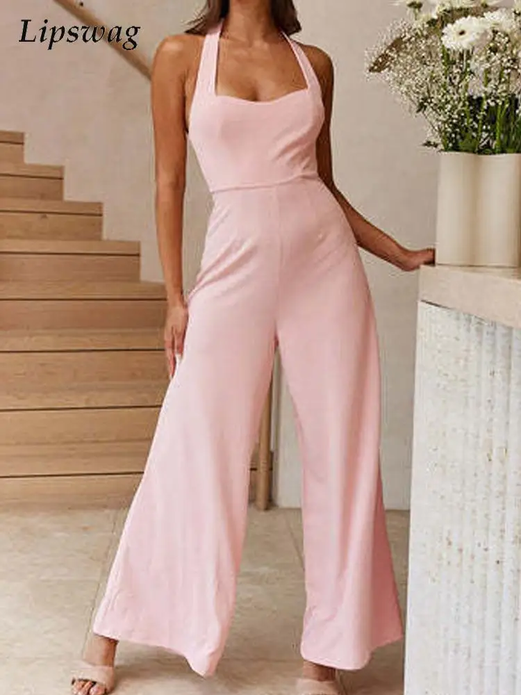 

Summer Sexy Backless Tie-Up Halter Jumpsuit Women 2022 Casual Solid Romper Overalls Ladies Fashion Loose Pants Playsuit Bodysuit