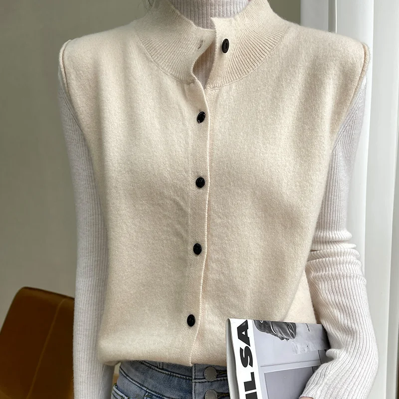 

Spring 2023 New 100% Wool Knitted Waistcoat Women's Tank Top Round Neck Casual Loose Cardigan Cashmere Sweater For Outerwear