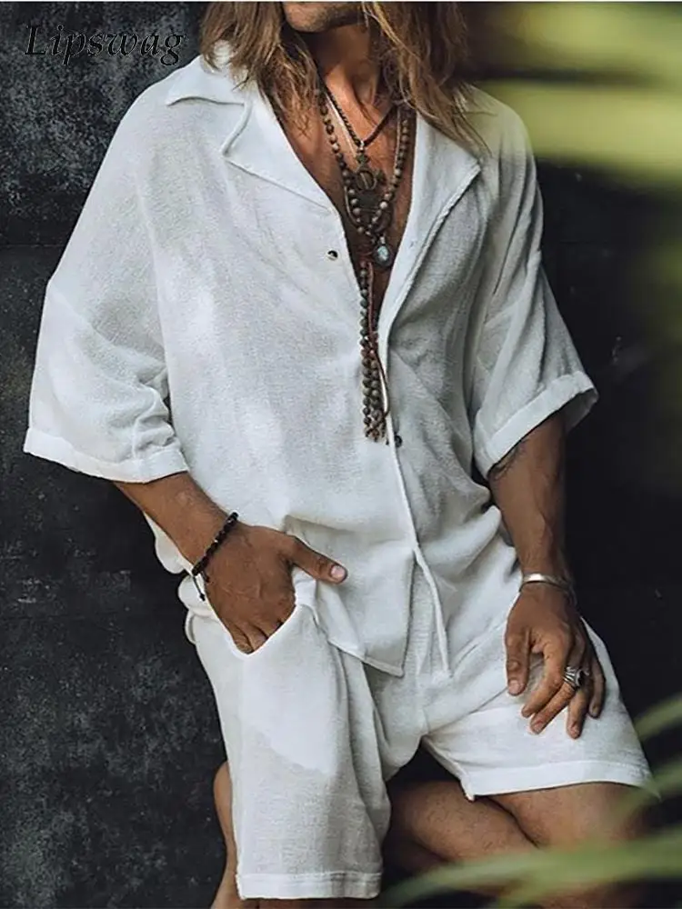 

Vintage Cotton Linen Shirts Men Spring Summer Casual Solid Color Button Lapel Tops Mens Clothes Fashion Loose Half Sleeve Shirt